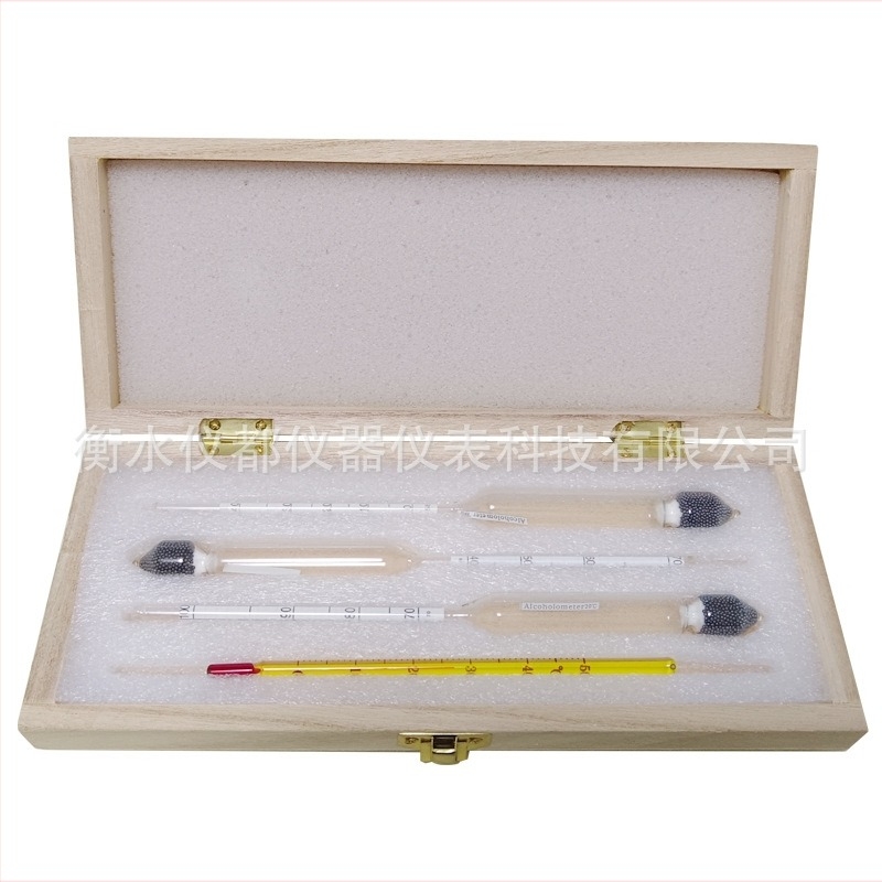 Dispozitiv pentru concentrația alcoolică – hidrometru, set de trei piese cu cutie din lemn și husă din plastic, interval 0-100, modele 0-40/40-70/70-100