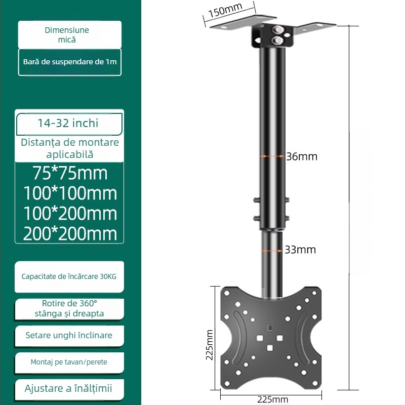 Montaj de tavan pentru televizor pentru afișaje multi-ecran, cadru din fier, compatibil cu montaj pe perete, până la 15 kg, accesoriu universal all-in-one