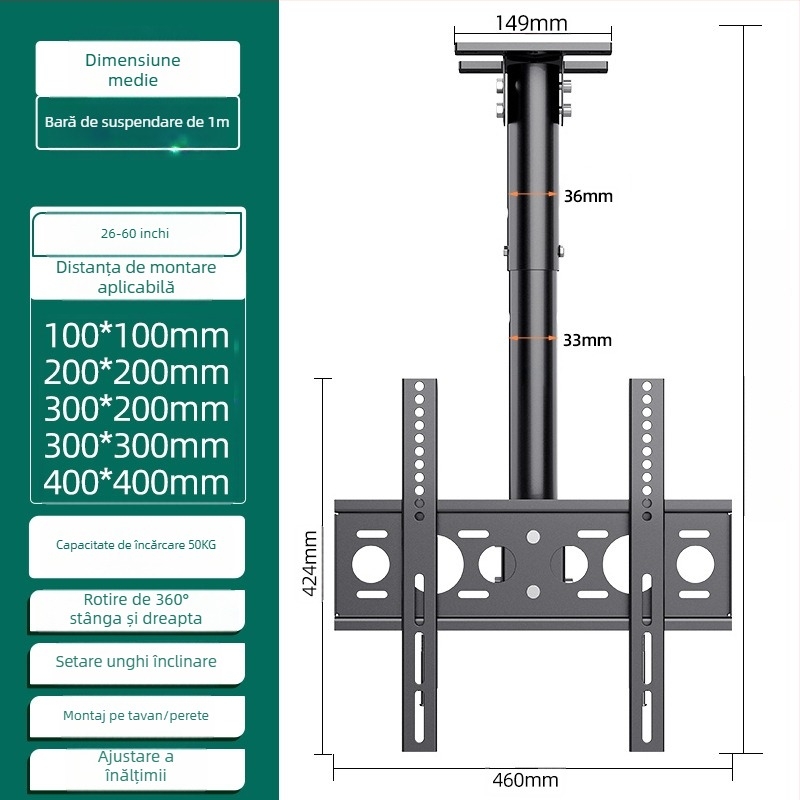 Montaj de tavan pentru televizor pentru afișaje multi-ecran, cadru din fier, compatibil cu montaj pe perete, până la 15 kg, accesoriu universal all-in-one
