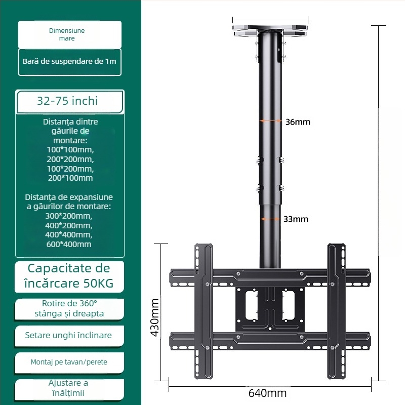 Montaj de tavan pentru televizor pentru afișaje multi-ecran, cadru din fier, compatibil cu montaj pe perete, până la 15 kg, accesoriu universal all-in-one