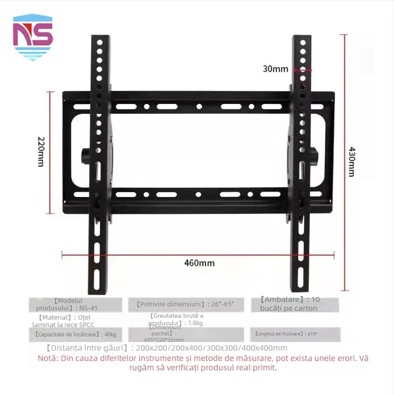 Suport de perete pentru TV cu balansare și reglaj telescopic, cadru din fier, control mecanic, capacitate de încărcare peste 15 kg