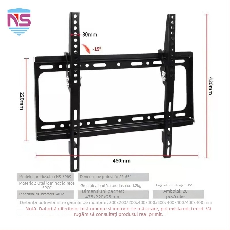 Suport de perete pentru TV cu balansare și reglaj telescopic, cadru din fier, control mecanic, capacitate de încărcare peste 15 kg