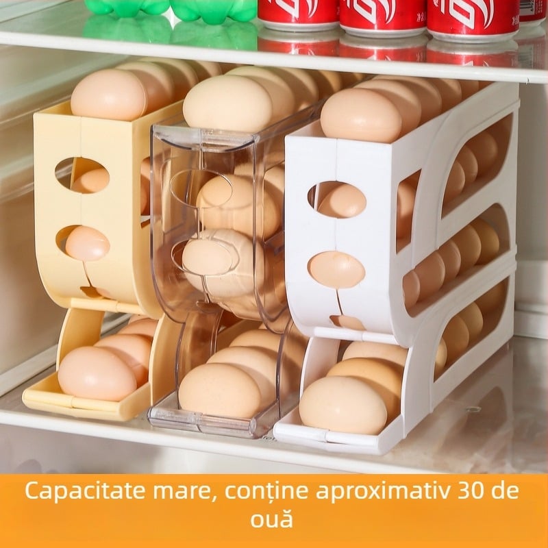 Cutie pentru ouă cu patru niveluri, glisantă, pentru ușa laterală a frigiderului, cu mecanism automat de rulare a ouălor, pentru blat de bucătărie, protecție anti-cădere