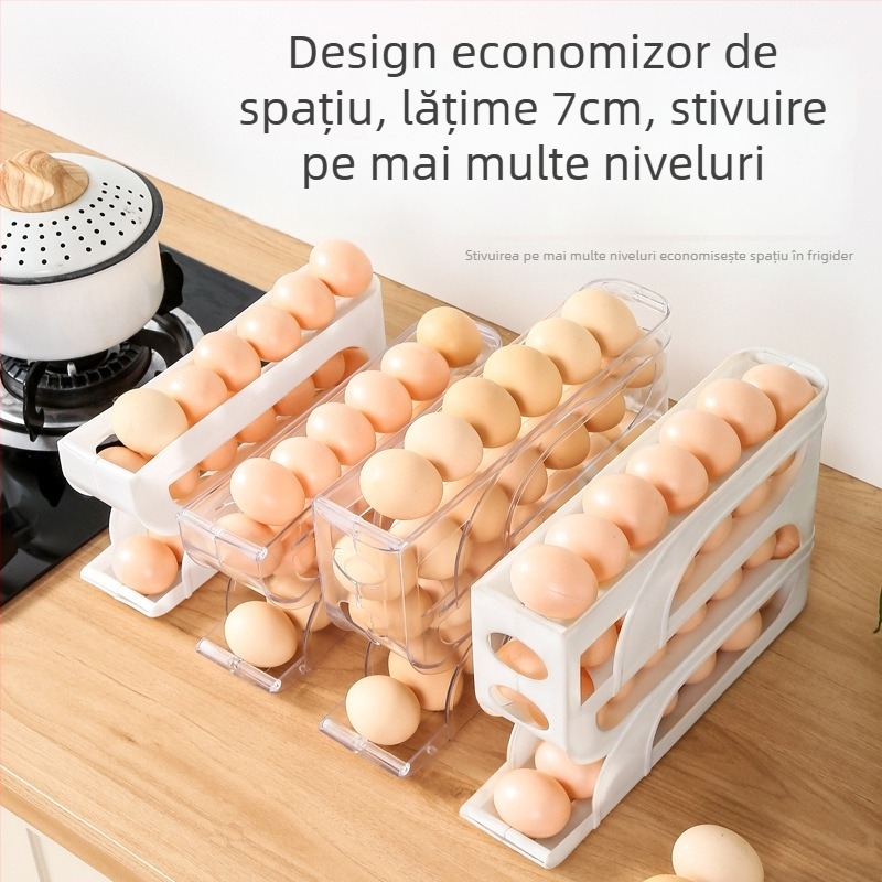 Cutie pentru ouă cu patru niveluri, glisantă, pentru ușa laterală a frigiderului, cu mecanism automat de rulare a ouălor, pentru blat de bucătărie, protecție anti-cădere