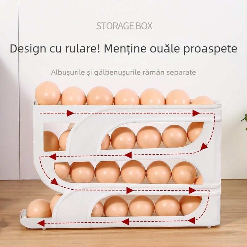 Cutie pentru ouă cu patru niveluri, glisantă, pentru ușa laterală a frigiderului, cu mecanism automat de rulare a ouălor, pentru blat de bucătărie, protecție anti-cădere