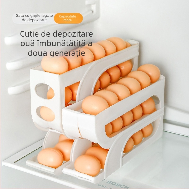 Cutie pentru ouă cu patru niveluri, glisantă, pentru ușa laterală a frigiderului, cu mecanism automat de rulare a ouălor, pentru blat de bucătărie, protecție anti-cădere