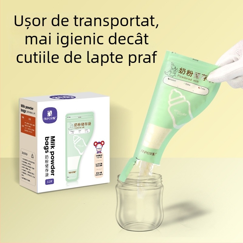 Saci Safety pentru stocarea laptelui praf, de unică folosință, portabili pentru lapte matern și formulă, 32 de pungi pe cutie, potrivite de la naștere până la 3 ani