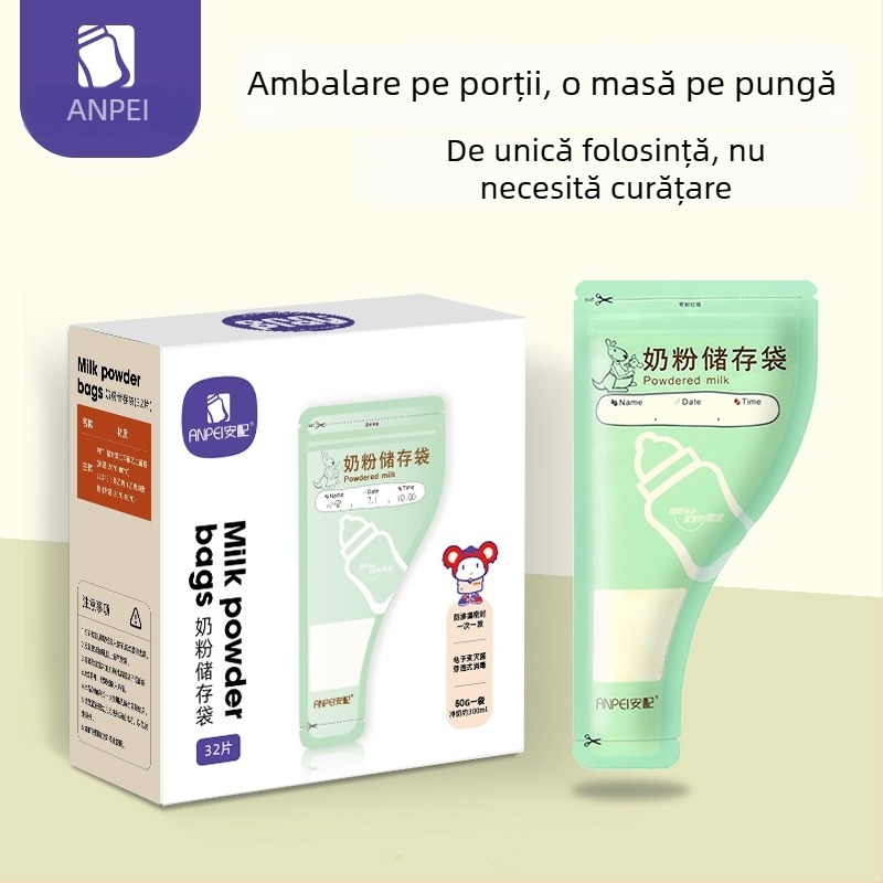 Saci Safety pentru stocarea laptelui praf, de unică folosință, portabili pentru lapte matern și formulă, 32 de pungi pe cutie, potrivite de la naștere până la 3 ani