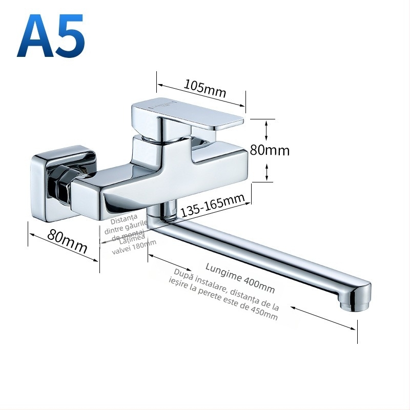Montaj de duș triplu din cupru, cu cap de duș extensibil rotativ, montaj pe perete; Presiune de lucru: 50; Temperatură ape calde: 50; Temperatură ape reci: 0; Debit: 50