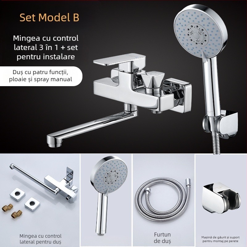 Montaj de duș triplu din cupru, cu cap de duș extensibil rotativ, montaj pe perete; Presiune de lucru: 50; Temperatură ape calde: 50; Temperatură ape reci: 0; Debit: 50