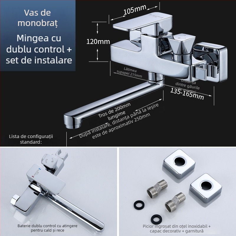Montaj de duș triplu din cupru, cu cap de duș extensibil rotativ, montaj pe perete; Presiune de lucru: 50; Temperatură ape calde: 50; Temperatură ape reci: 0; Debit: 50