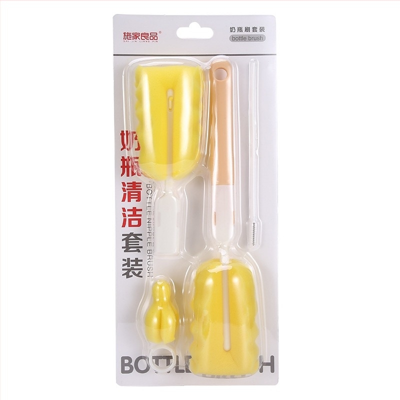 Set de perii pentru biberon - patru bucăți: perie pentru tetină, perie burete, perie pentru pai; ambalaj blister