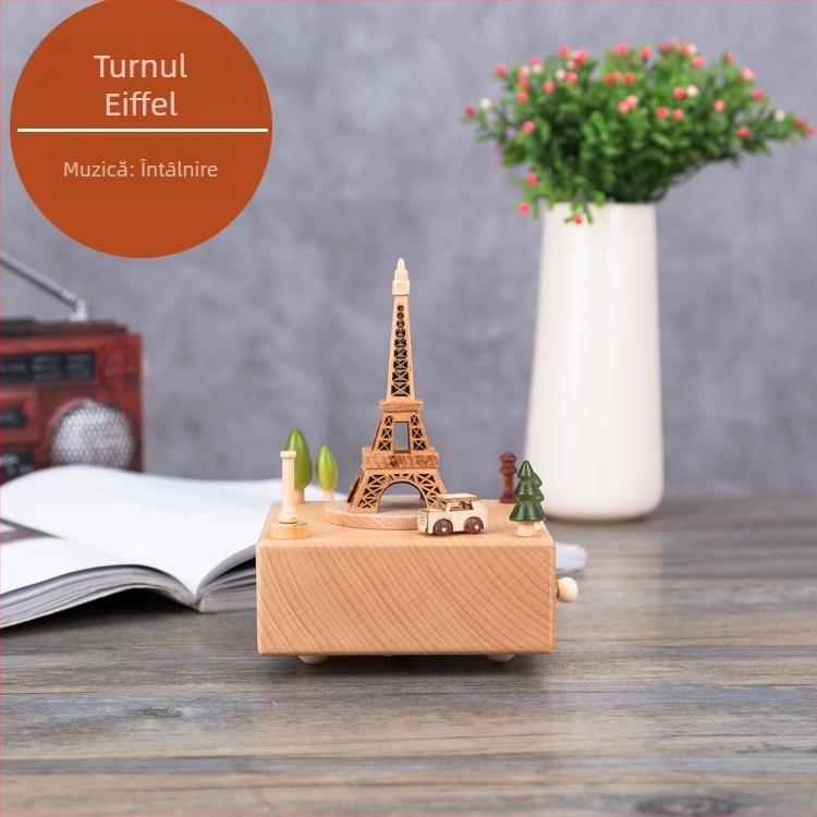 Cutie muzicală din lemn, fag, semi-manual, design Turnul Eiffel, decor pentru casă, cadou pentru nuntă și ziua de naștere