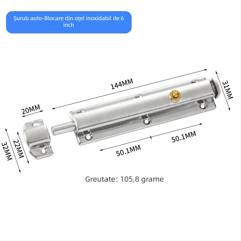 Zăvor cu arc din oțel inoxidabil, automat, pentru ușile de baie, tip A, finisaj periat