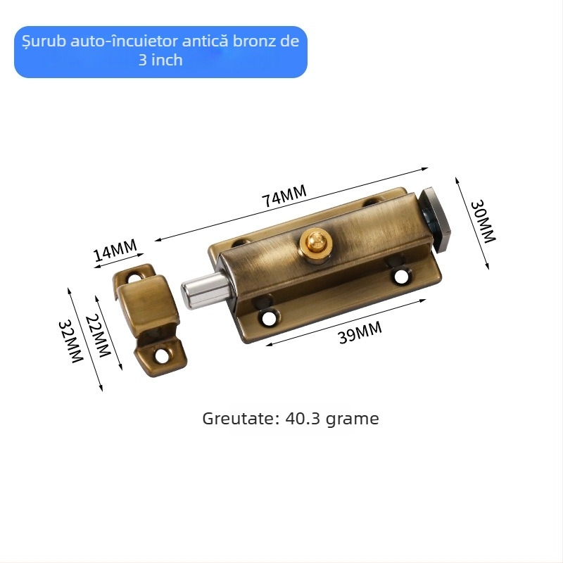 Zăvor cu arc din oțel inoxidabil, automat, pentru ușile de baie, tip A, finisaj periat