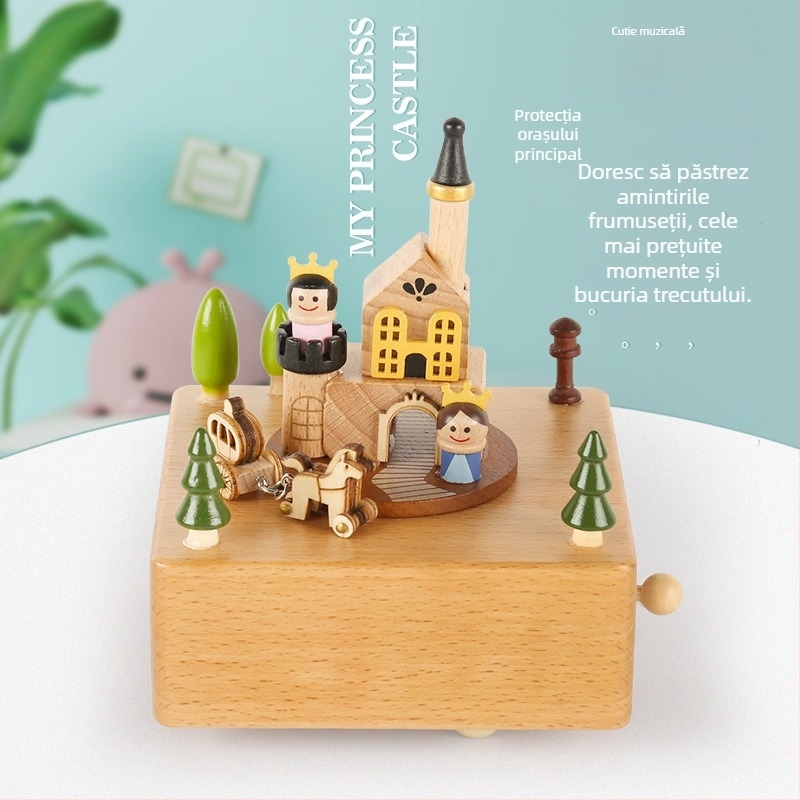 Cutie muzicală din lemn pentru copii, handmade, stil minimalist modern, posibilitate imprimare logo, carusel cu fată dansatoare.