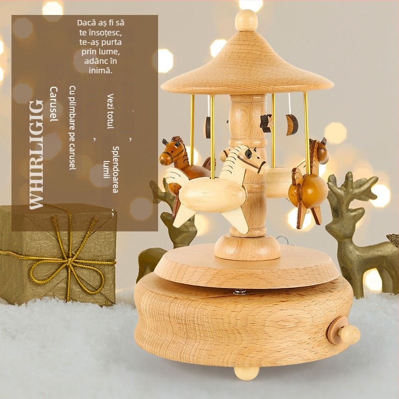 Cutie muzicală din lemn pentru copii, handmade, stil minimalist modern, posibilitate imprimare logo, carusel cu fată dansatoare.