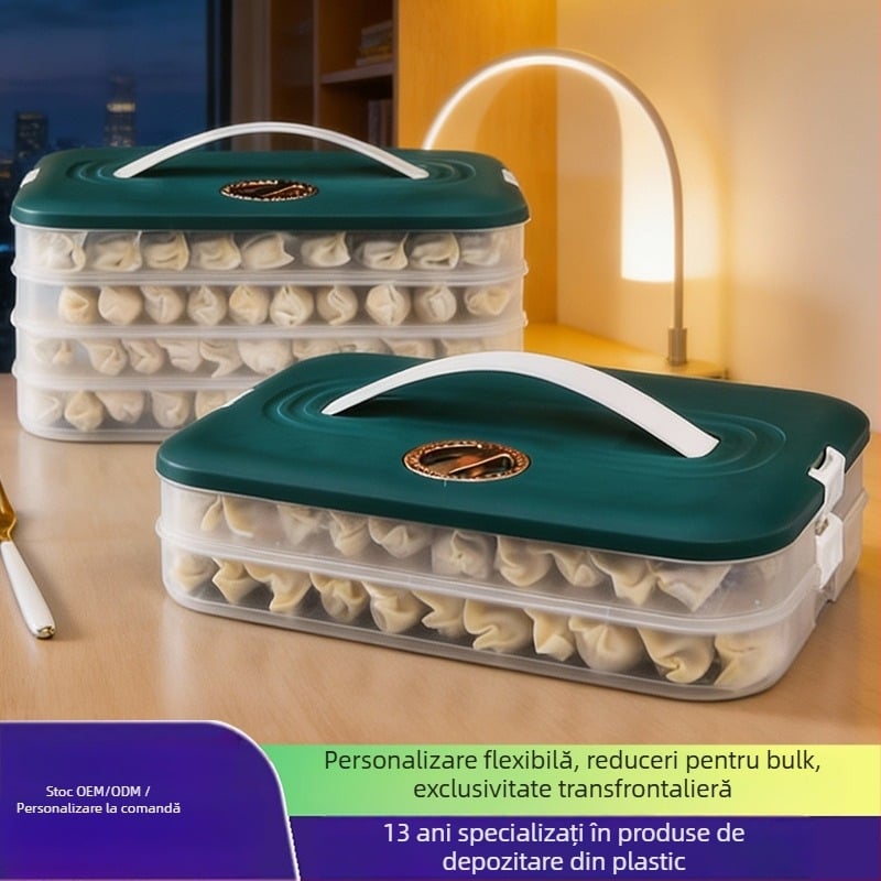 Cutie pentru dumplings cu capacitate mare, portabilă, cu temporizator și păstrarea prospețimii, depozitare multi-strat pentru bucătărie/frigider