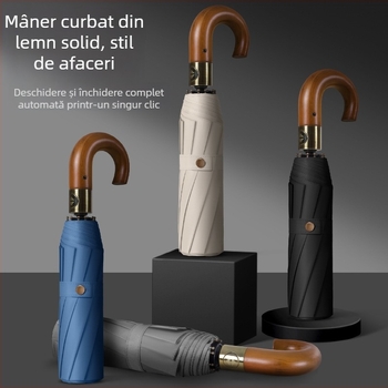 Umbrelă pliabilă cu mâner din lemn solid, curbat, deschidere/închidere automată, 10 nervuri, țesătură 210T, posibilitatea imprimării logo-ului