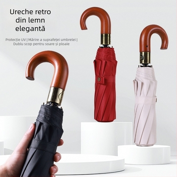 Umbrelă pliabilă cu mâner din lemn solid, curbat, deschidere/închidere automată, 10 nervuri, țesătură 210T, posibilitatea imprimării logo-ului