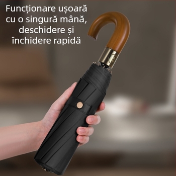 Umbrelă pliabilă cu mâner din lemn solid, curbat, deschidere/închidere automată, 10 nervuri, țesătură 210T, posibilitatea imprimării logo-ului