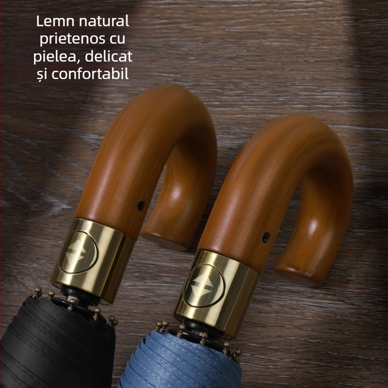Umbrelă pliabilă cu mâner din lemn solid, curbat, deschidere/închidere automată, 10 nervuri, țesătură 210T, posibilitatea imprimării logo-ului