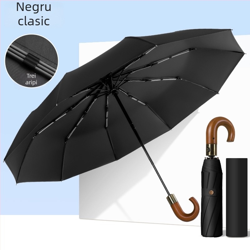 Umbrelă pliabilă cu mâner din lemn solid, curbat, deschidere/închidere automată, 10 nervuri, țesătură 210T, posibilitatea imprimării logo-ului