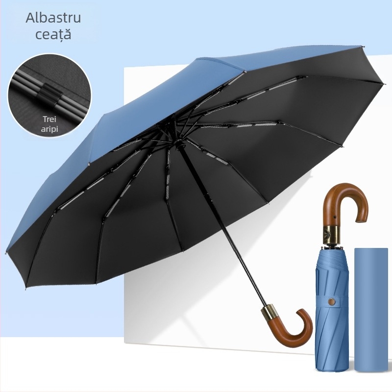 Umbrelă pliabilă cu mâner din lemn solid, curbat, deschidere/închidere automată, 10 nervuri, țesătură 210T, posibilitatea imprimării logo-ului