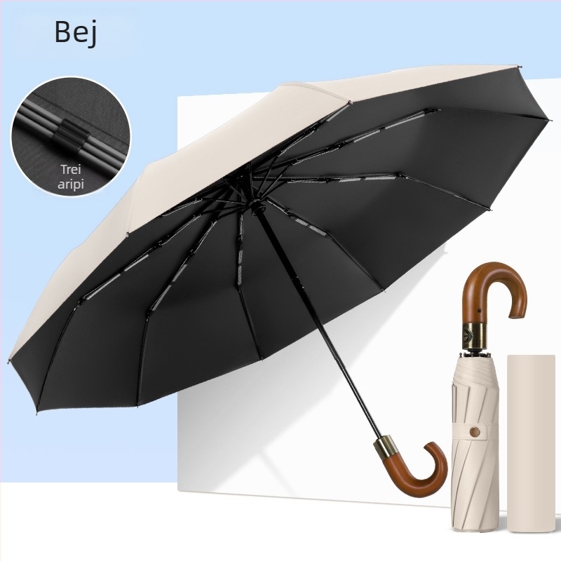 Umbrelă pliabilă cu mâner din lemn solid, curbat, deschidere/închidere automată, 10 nervuri, țesătură 210T, posibilitatea imprimării logo-ului