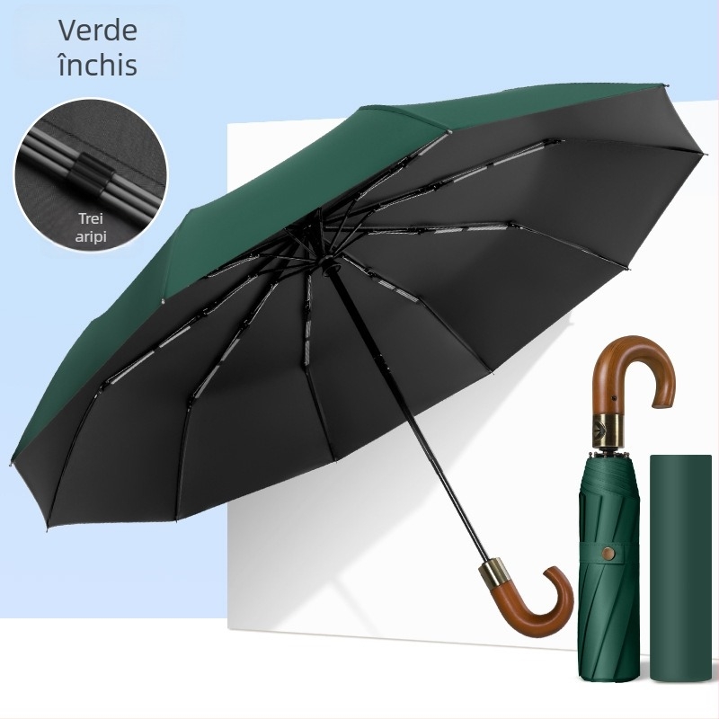 Umbrelă pliabilă cu mâner din lemn solid, curbat, deschidere/închidere automată, 10 nervuri, țesătură 210T, posibilitatea imprimării logo-ului
