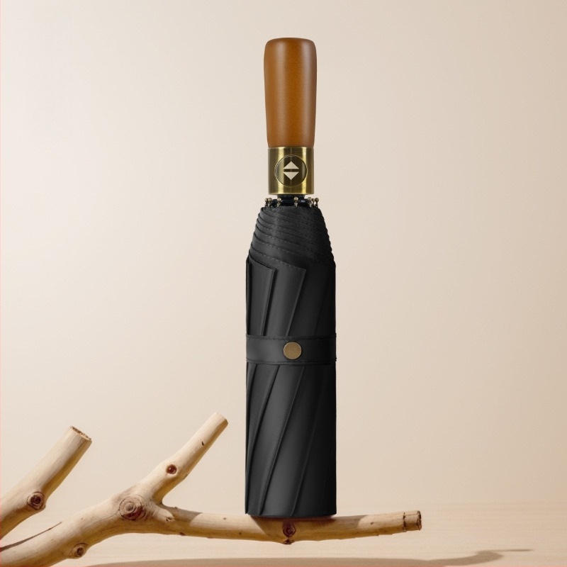 Umbrelă pliabilă cu mâner din lemn solid, curbat, deschidere/închidere automată, 10 nervuri, țesătură 210T, posibilitatea imprimării logo-ului