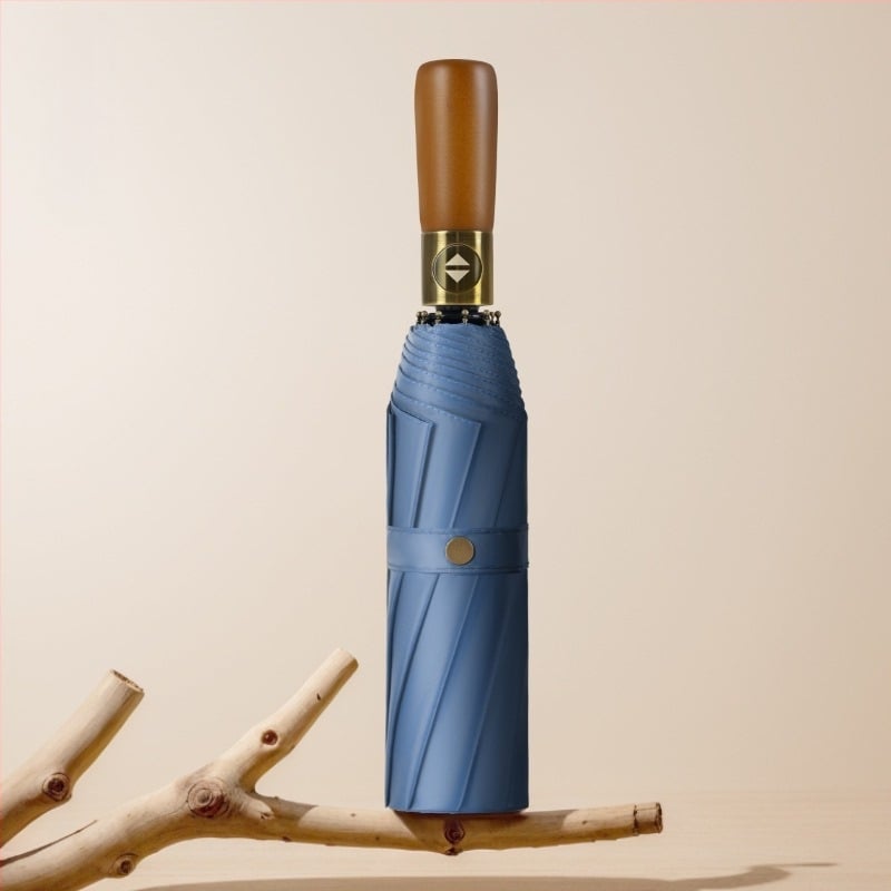 Umbrelă pliabilă cu mâner din lemn solid, curbat, deschidere/închidere automată, 10 nervuri, țesătură 210T, posibilitatea imprimării logo-ului