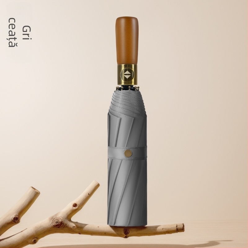 Umbrelă pliabilă cu mâner din lemn solid, curbat, deschidere/închidere automată, 10 nervuri, țesătură 210T, posibilitatea imprimării logo-ului