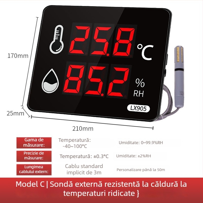 Registrator industrial de înaltă precizie pentru temperatură și umiditate, pentru uz în interiorul fabricilor; alimentare prin priză; compatibil cu etichetare proprie