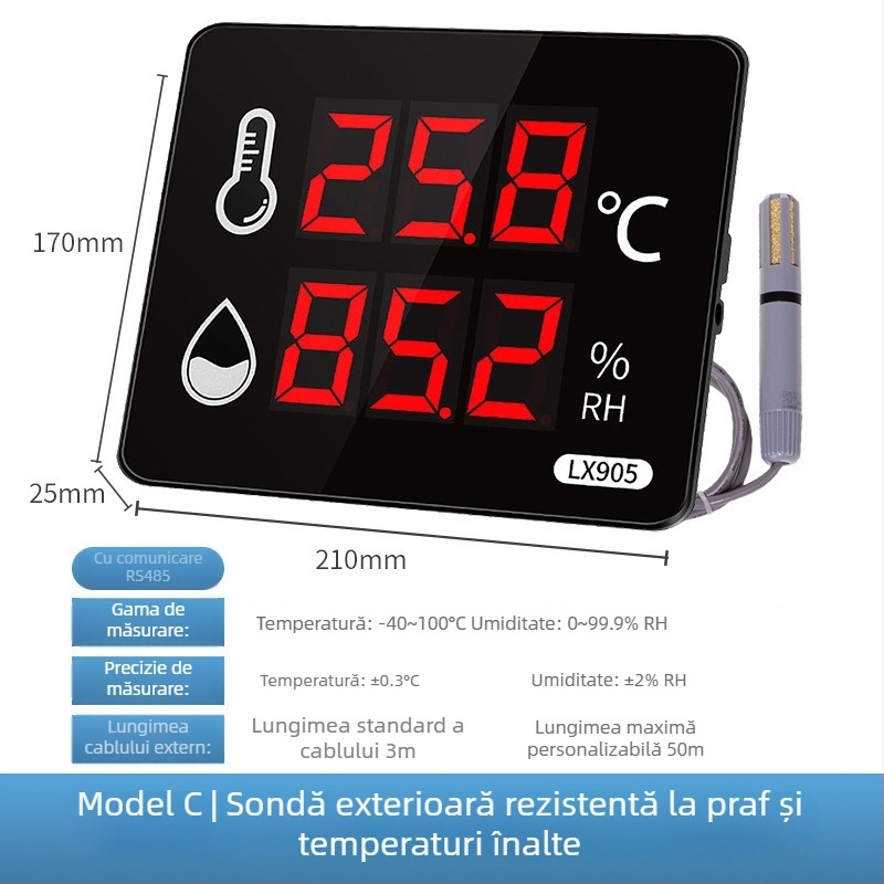 Registrator industrial de înaltă precizie pentru temperatură și umiditate, pentru uz în interiorul fabricilor; alimentare prin priză; compatibil cu etichetare proprie