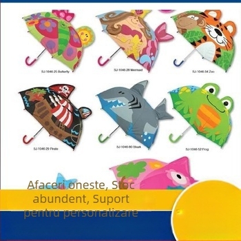 Umbrelă pentru copii, 3D în formă de animal, mâner lung, design desen animat, 8 arce, țesătură poliester, tijă și mâner din fibre, deschidere manuală