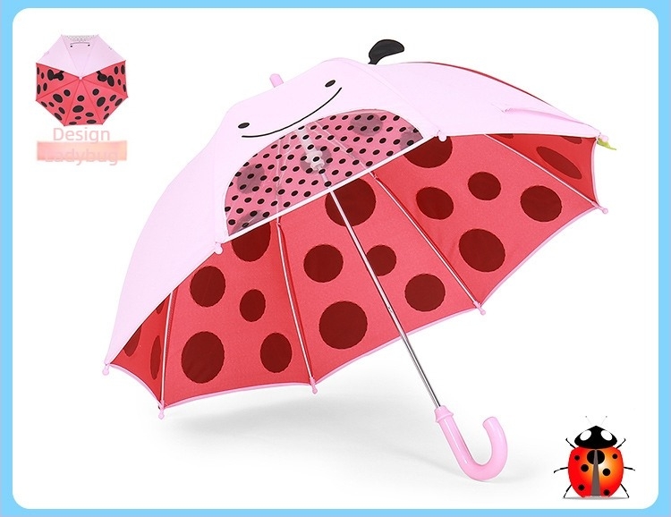 Umbrelă pentru copii, 3D în formă de animal, mâner lung, design desen animat, 8 arce, țesătură poliester, tijă și mâner din fibre, deschidere manuală