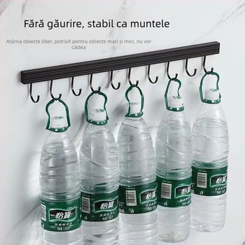 Cuier de bucătărie mobil montat pe perete, fără găuri, cu raft de depozitare; material: aluminiu, finisaj vopsire prin coacere, greutate 1, stil modern minimalist.