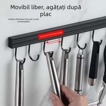 Cuier de bucătărie mobil montat pe perete, fără găuri, cu raft de depozitare; material: aluminiu, finisaj vopsire prin coacere, greutate 1, stil modern minimalist.