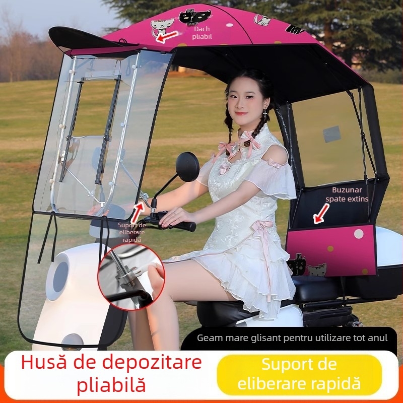 Parasolar pentru vehicul electric cu cadru din fibră cu 7 brațe, țesătură poliester 170T, deschidere/închidere manuală telescopică, protecție UV UPF 40+, impermeabil