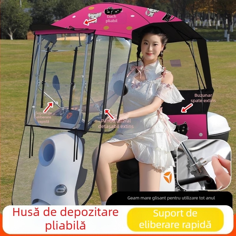 Parasolar pentru vehicul electric cu cadru din fibră cu 7 brațe, țesătură poliester 170T, deschidere/închidere manuală telescopică, protecție UV UPF 40+, impermeabil