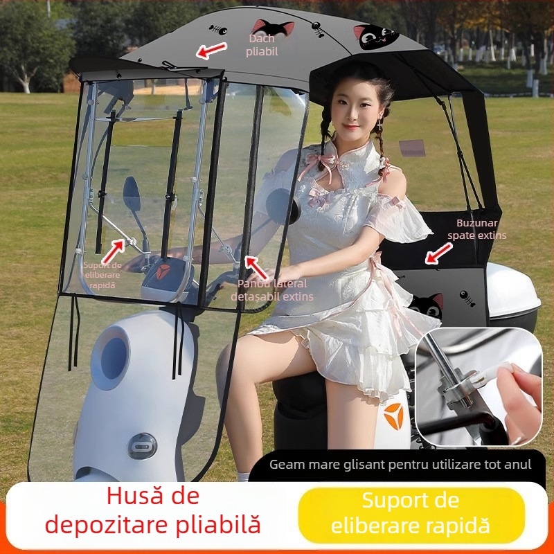 Parasolar pentru vehicul electric cu cadru din fibră cu 7 brațe, țesătură poliester 170T, deschidere/închidere manuală telescopică, protecție UV UPF 40+, impermeabil