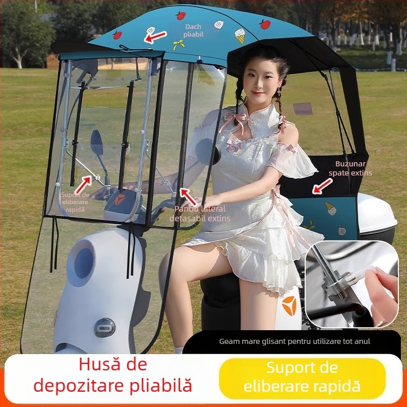 Parasolar pentru vehicul electric cu cadru din fibră cu 7 brațe, țesătură poliester 170T, deschidere/închidere manuală telescopică, protecție UV UPF 40+, impermeabil
