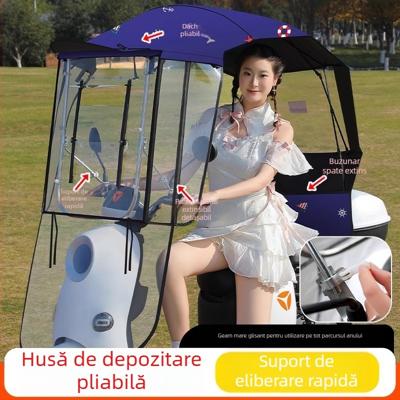 Parasolar pentru vehicul electric cu cadru din fibră cu 7 brațe, țesătură poliester 170T, deschidere/închidere manuală telescopică, protecție UV UPF 40+, impermeabil