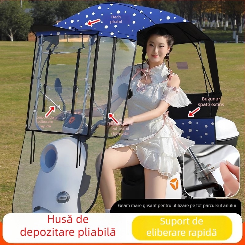 Parasolar pentru vehicul electric cu cadru din fibră cu 7 brațe, țesătură poliester 170T, deschidere/închidere manuală telescopică, protecție UV UPF 40+, impermeabil