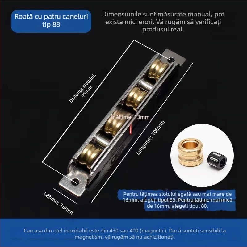 Rulment pentru ușă glisantă, design vechi, oțel inoxidabil, tip 88-80, pentru uși și ferestre glisante