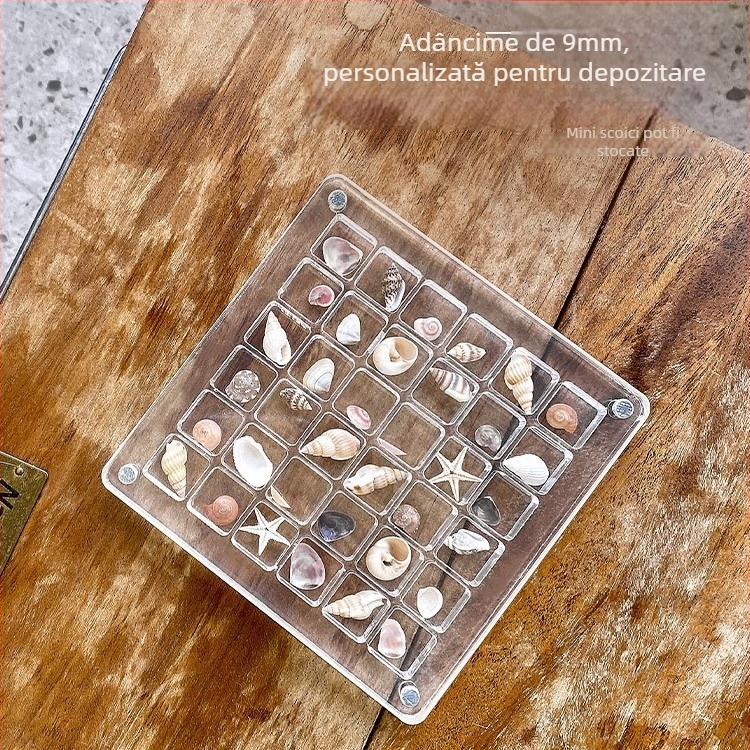 Cutie de depozitare din acrilic, pătrată, cu compartimente, interior divizat, capacitate 1 L, model grilă