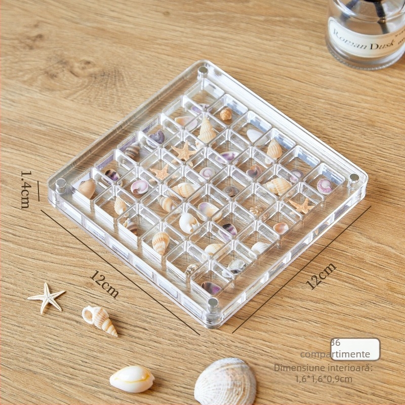 Cutie de depozitare din acrilic, pătrată, cu compartimente, interior divizat, capacitate 1 L, model grilă