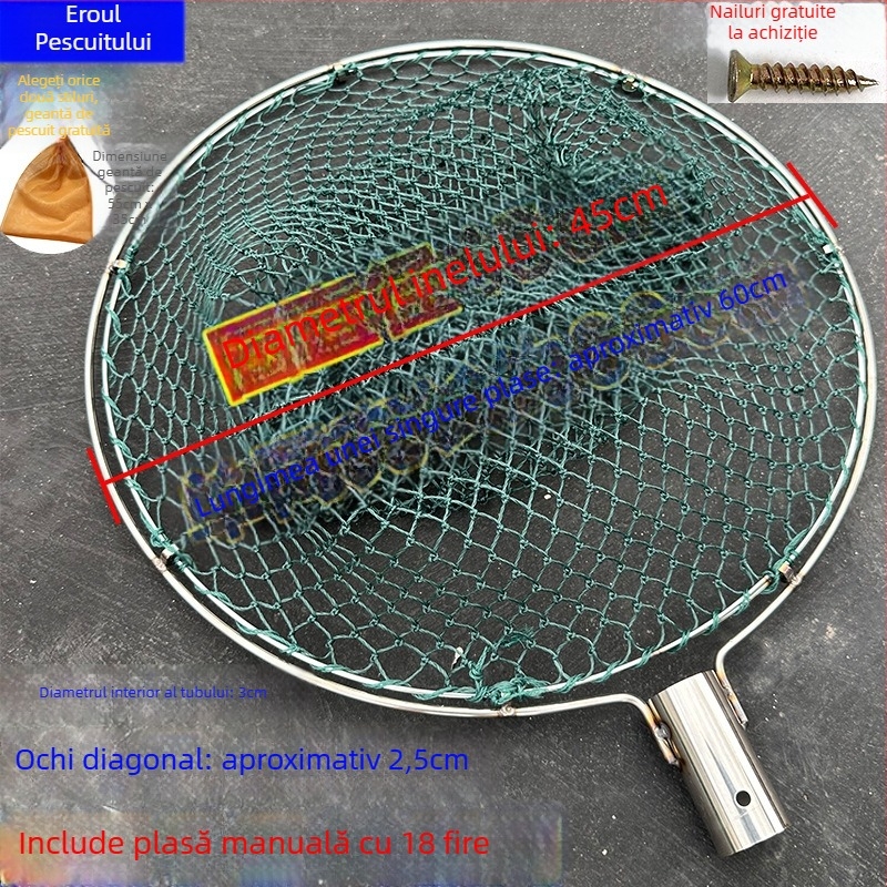 Năvod de pescuit lucrat manual, cu cap din oțel inoxidabil și inel dublu, rezistent la uzură, pentru prinderea peștilor și rațelor