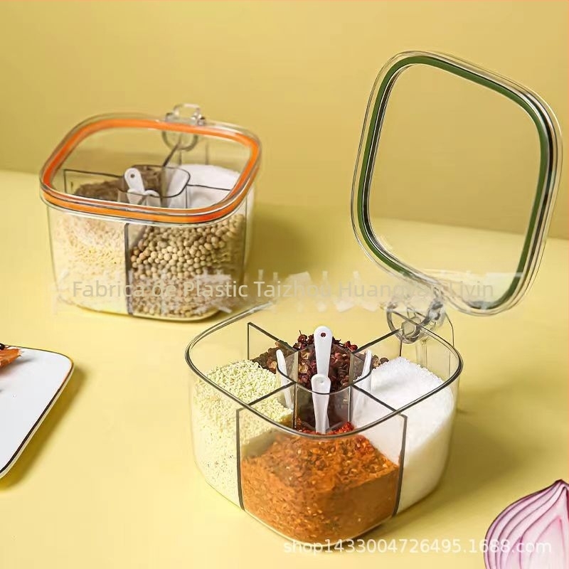 Cutie pentru condimente din plastic, cu capac rabatabil, rezistentă la umezeală, mâner încorporat, design integrat cu 4-5 compartimente pentru condimente solide